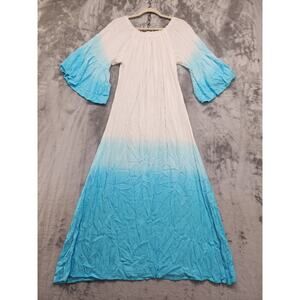 Ace Fashion Dress Women L White Blue Ombre Dip Dye Maxi Bell Sleeves Rayon Beach